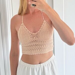 Blush Pink Crochet Tie-Back Top Halter Top Coachella Festival Stagecoach Knit